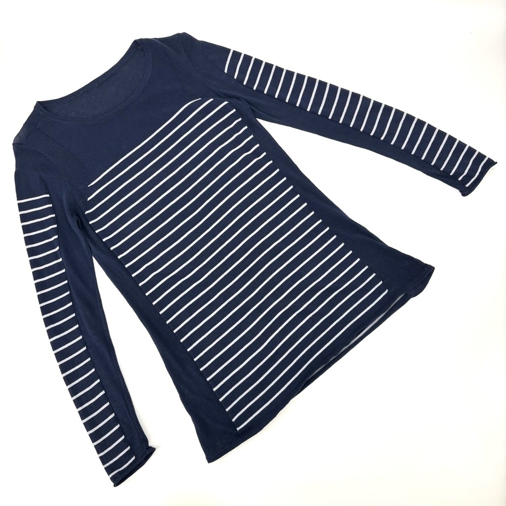 Cabi Regiment Pullover # 3367, Navy and Grey Lightweight Crewneck Sweater, Small